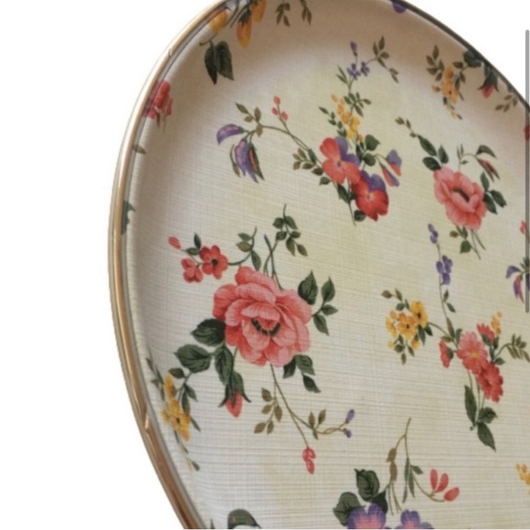 VINTAGE Serving Plate Accent Tray Round Pastel Flowers Gold Tone Trim GUC - Picture 4 of 11